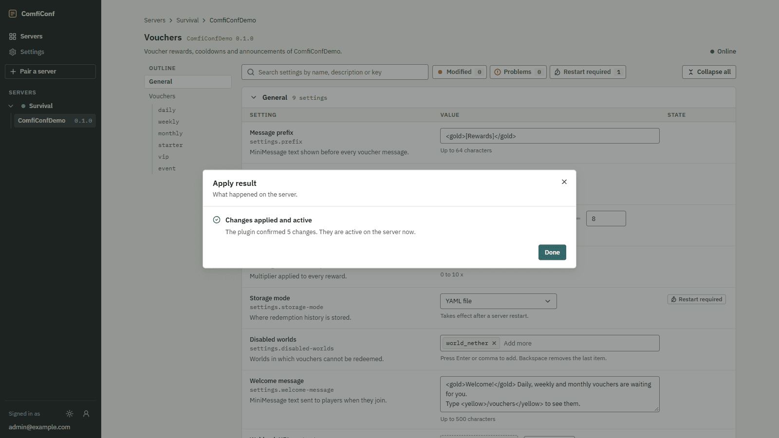 The apply result Changes applied and active.