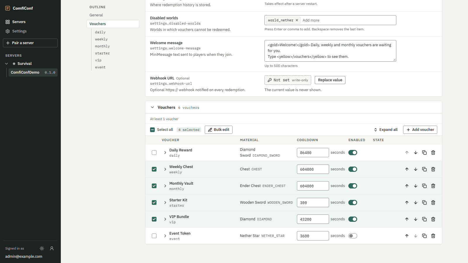 The Vouchers list with four vouchers selected, the Bulk edit button, and cooldown and enabled controls in the entries table.
