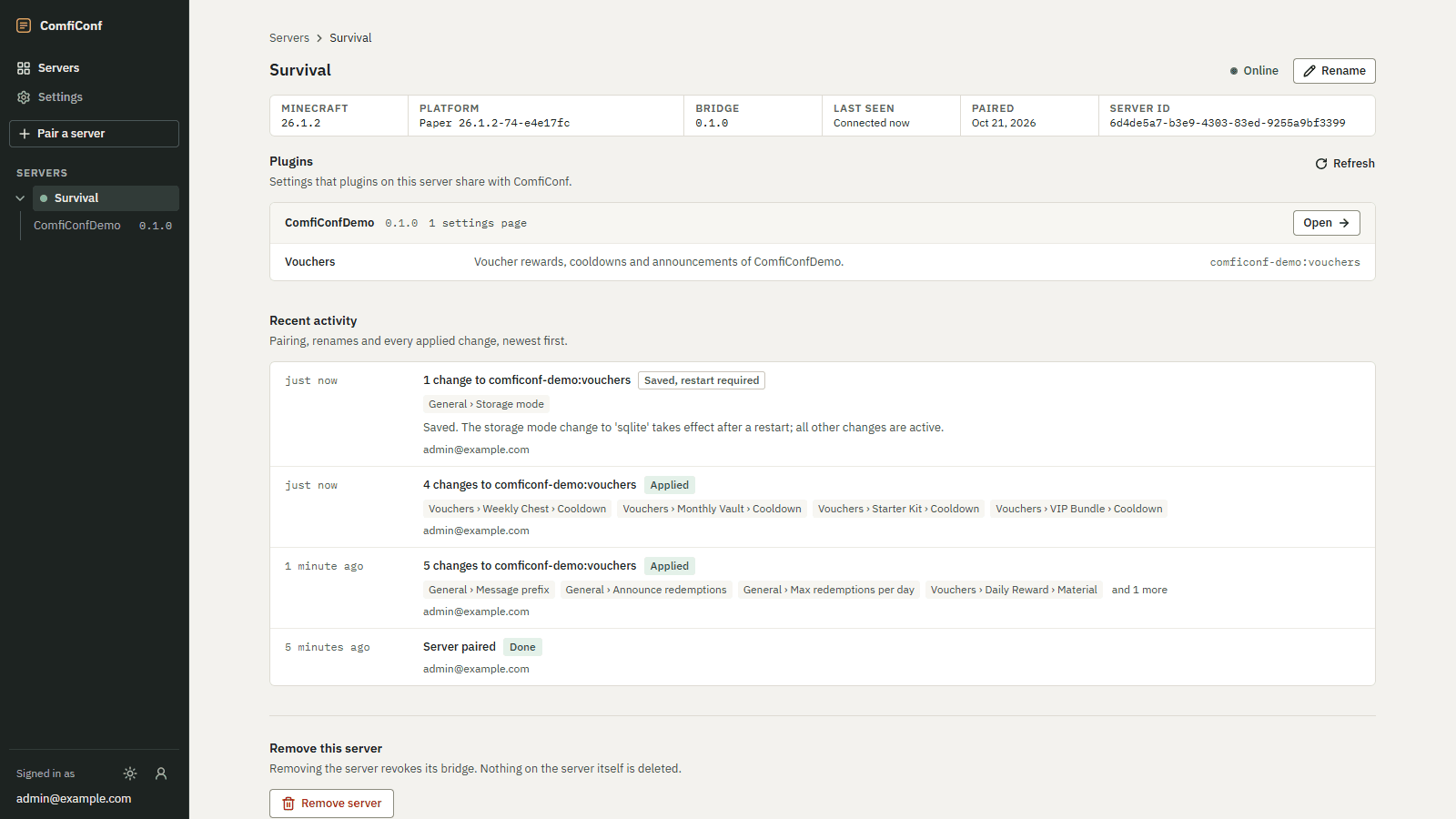 Recent activity on the server page with applied changes, their result badges and the changed settings.