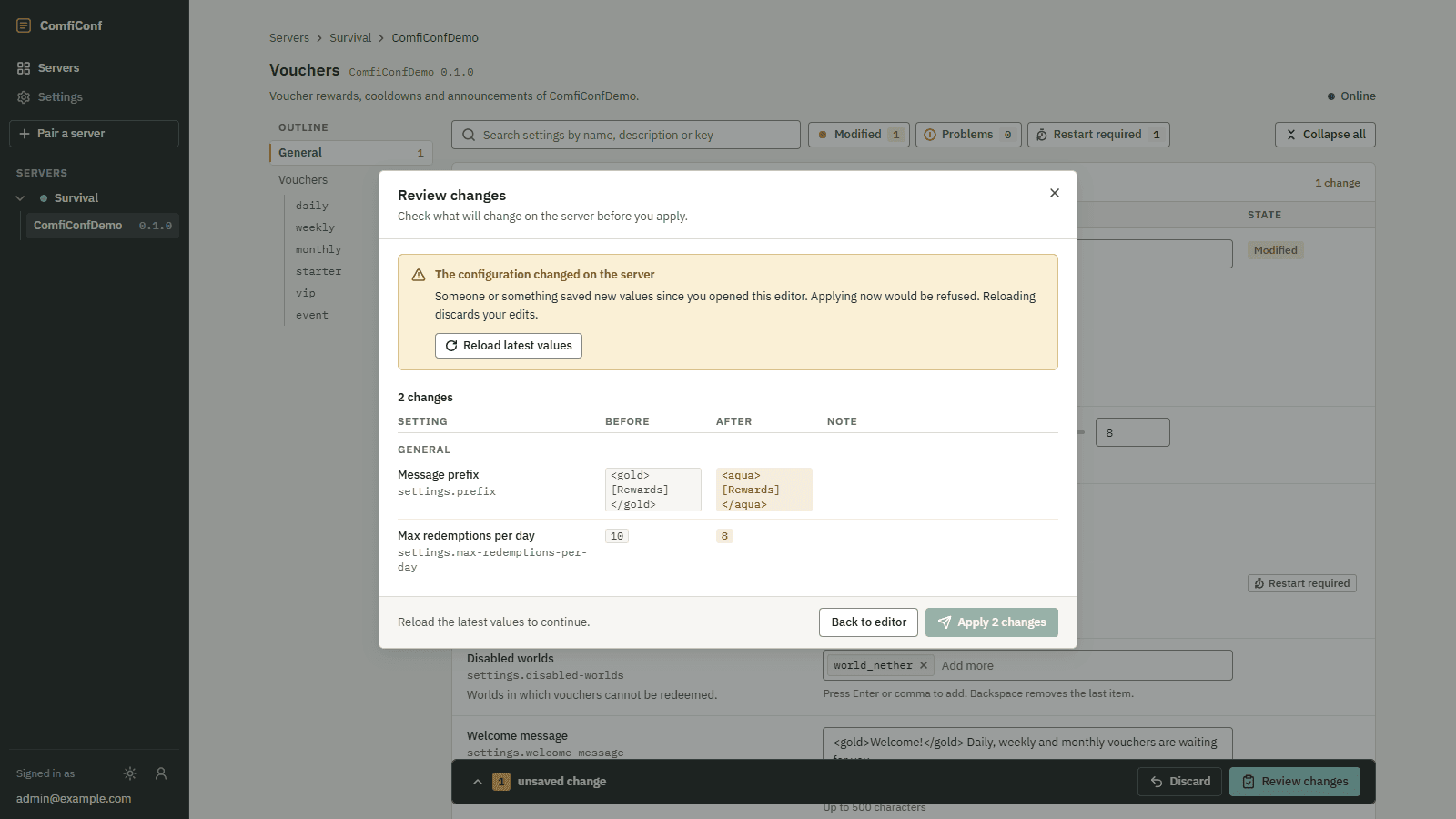 The Review changes dialog with the warning The configuration changed on the server and its Reload latest values button.
