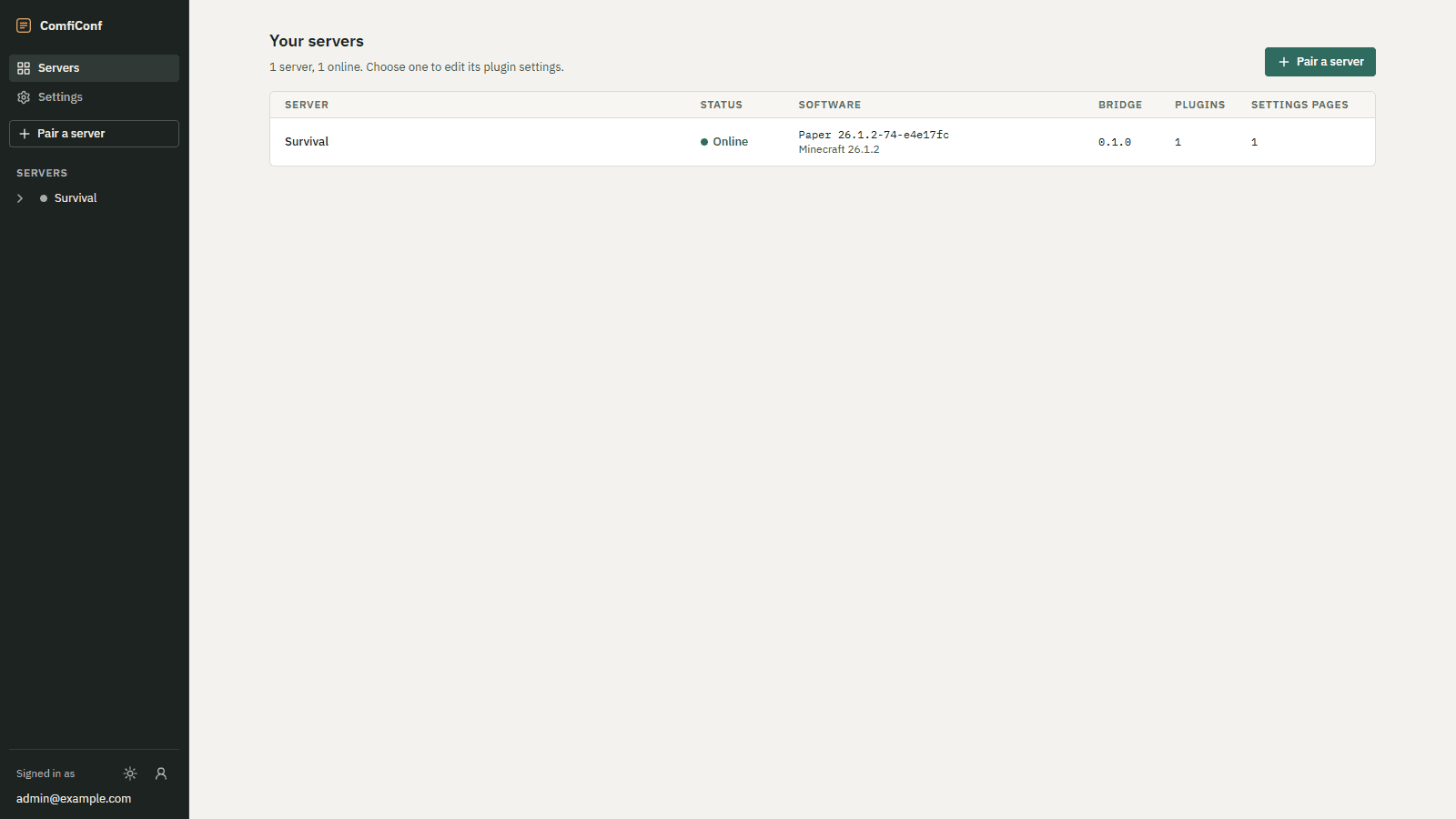 The Your servers page listing one server, Survival, online, with its software, bridge version, plugin count and settings page count.