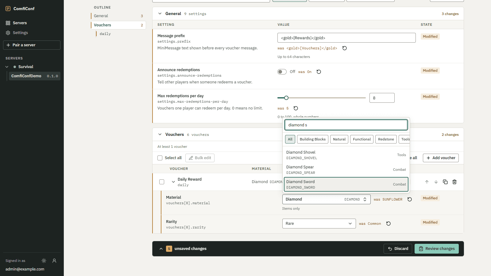 The editor with modified settings marked in brass, a slider, a toggle and the material picker open, and the unsaved changes bar at the bottom.
