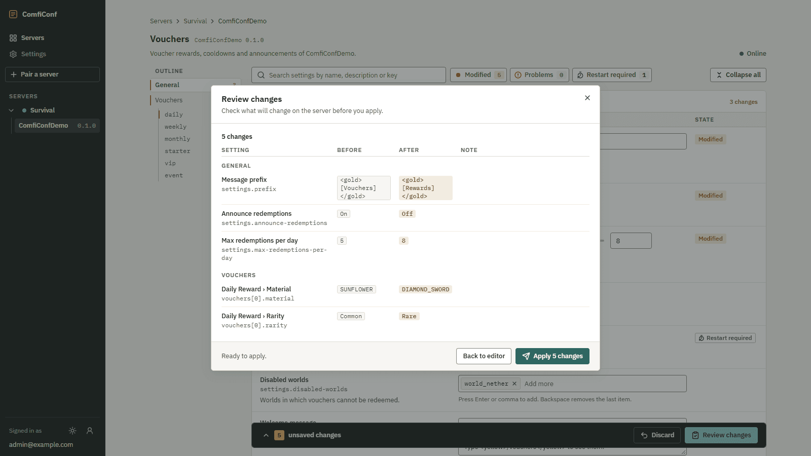 The Review changes dialog listing each change with its before and after value.