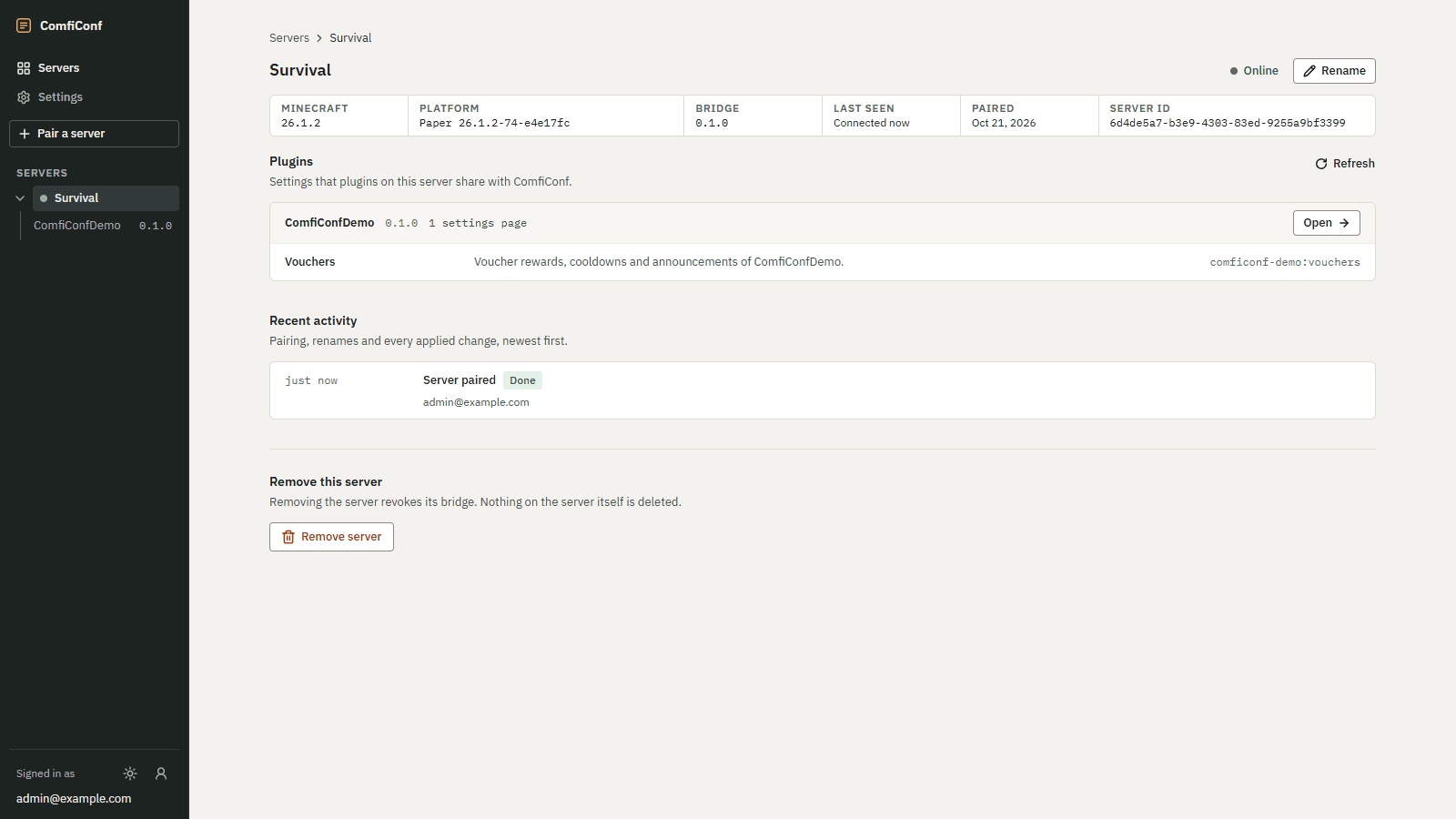 The server page of Survival: facts, the ComfiConfDemo plugin with its Vouchers settings page, recent activity and Remove this server.